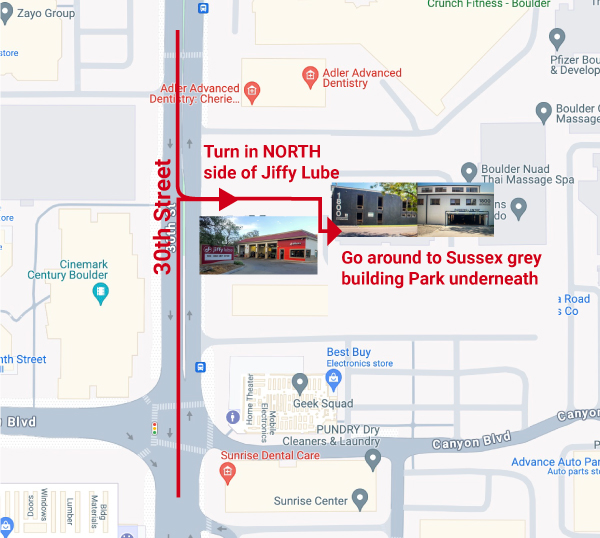 Google map showing access to Sussex Building off of 30th Street in Boulder, CO - turn on north side of Jiffy Lube